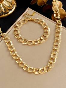 RAYQUEEN Set Perhiasan Kalung dan Gelang Fashion Geometris Stainless Steel Baru, Cocok untuk Pemakaian Sehari-hari - Yellow Gold - View 12