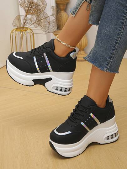 Women's Platform Sneakers, Black, Lightweight, Versatile Lace-Up Casual Shoes, Suitable For Spring And Autumn