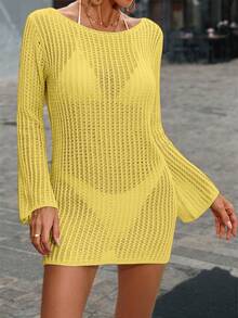 女式黄色小鸡休闲简约优雅清爽海滩度假性感镂空透视长袖罩衫和短裙，春夏 - 黃色 - 查看 2