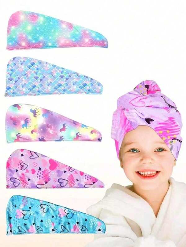 1pc Girls' Ultra-Fine Fiber Hair Drying Towel, Quick Dry, Button Closure, Suitable For Wet Hair, Dark Unicorn Pattern