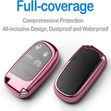 Compatible With Jeep Key Fob Cover With Leather Keychain Soft TPU Protection Key Case For Grand Cherokee Renegade Chrysler 200 300 Dodge RAM Durango Challenger Journey Dart Fiat Smart Key,Black - ColorD - 查看 3