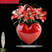 1个心形花瓶装饰 - 红色心形中心摆件，饰以花卉图案，亚克力桌面摆件，适用于家居、办公室、乡村风格 - 情人节、周年纪念日、婚礼、生日、乔迁之喜礼物 - 彩色 - 查看 6