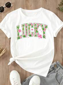 Women's Lucky T-Shirt With Pink Clover And Flower Print For St Patrick's Day Celebration - trắng - Xem 2