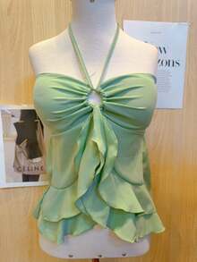 Butterfly Cropped Blouse With Ruffled Neck Tie - màu xanh lá - Xem 1