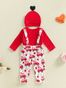 Conjunto de bebé para San Valentín: mono de manga larga con estampado de letras, pantalones con tirantes y gorro con estampado de corazones. - Rojo - Ver 7