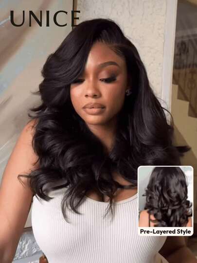  100% Human Hair Wig, No Slippage, Feathered Layered Left Side Part, 200% Density, BOB Style Wig, With Secure Silicone Strips And Adjustable Drawstring, Pre-Thickened Layers, Pre-Trimmed, Pre-Bleached, Pre-Plucked, Natural Black Color, 7"X5" Lace Front, No Tangling, Fits All Head Sizes, Transparent Lace Can Be Dyed, Unice Hair