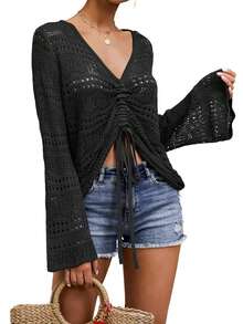 Women's Crochet Off Shoulder Crop Top Flowy Bell Sleeve Pullover With Sheer Detail Boho Ruched Fall Winter Christmas Holiday - 黑色 - 查看 1