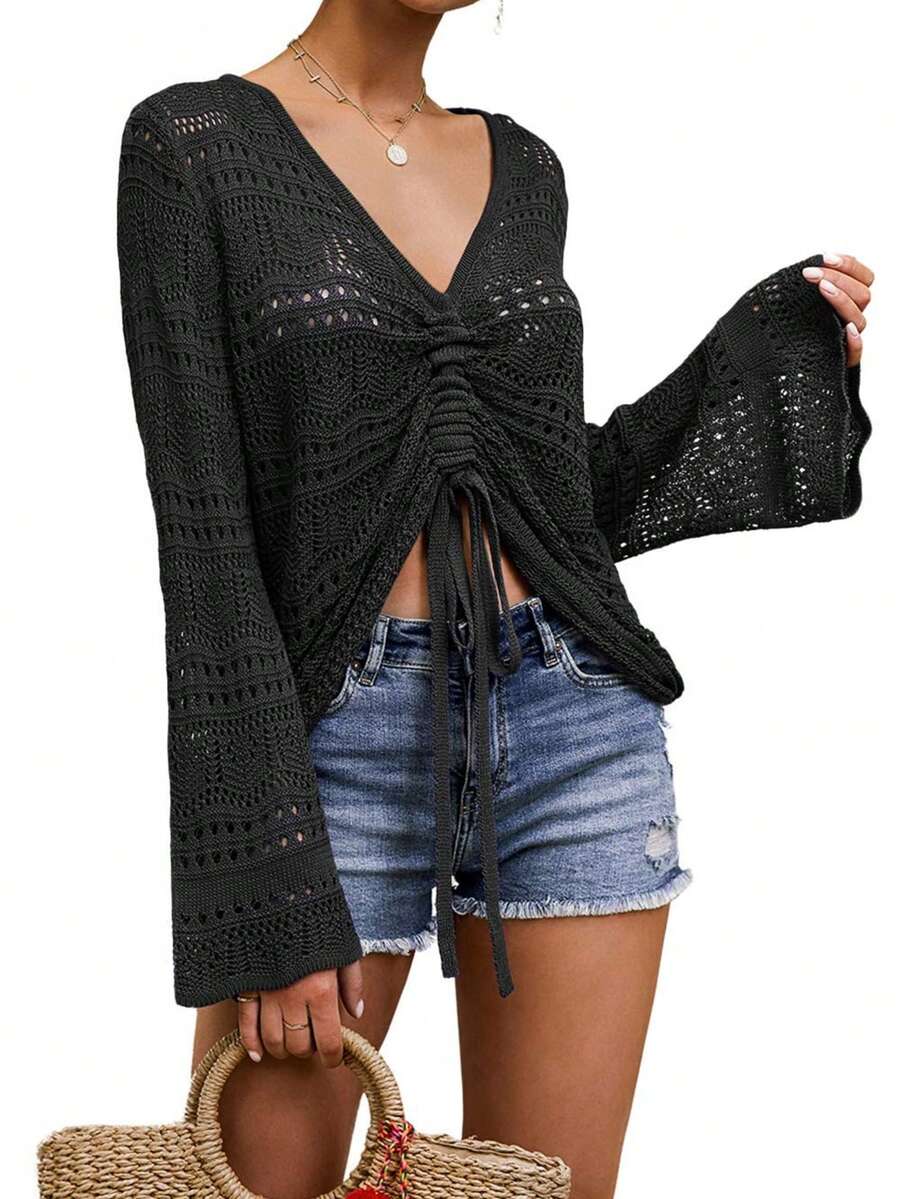 Women's Crochet Off Shoulder Crop Top Flowy Bell Sleeve Pullover With Sheer Detail Boho Ruched Fall Winter Christmas Holiday - 黑色 - 查看 1