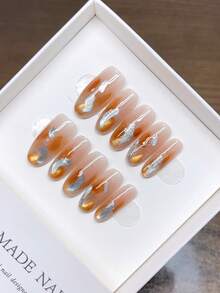 纯手工制作椭圆形美甲贴片；手绘猫眼油画渐变美甲，个性化秋冬美甲，高品质简约美甲，全覆盖假指甲，Y2K美甲，按压式美甲 - 彩色 - 查看 3