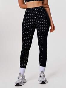 Sodalemon 女士弹力腰带波点休闲健身紧身裤户外训练运动健身紧身裤跑步裤无前缝瑜伽紧身裤 - 黑色 - 查看 9