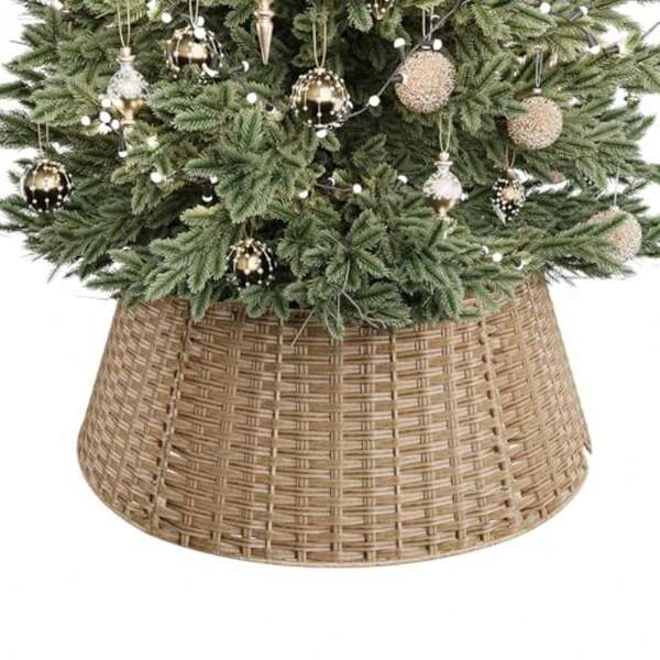 ELYKEN Collar de árbol de Navidad de 28 pulgadas falda de árbol de Navidad de 5 piezas para árboles artificiales cubierta de base de árbol de mimbre de plástico hecho a mano con cordón recortado