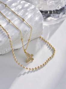 Nooxian 2pcs/Set Women Elegant Minimalist Gold Sparkling Butterfly Copper Zirconia Pendant Layered Pearl Chain Necklace Set (Random Pearl Quantity) - Yellow Gold - View 5