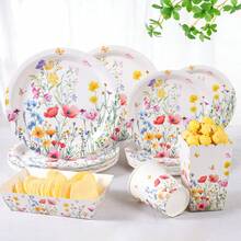 24pcs Red Flower On White Background Disposable Tableware Set, Including 7/9 Inch Paper Plates, Paper Cups, Food Boxes, Popcorn Boxes, Suitable For Birthday Party, Holiday Party, Gathering, Celebration, Wedding Tea Party, Graduation Ceremony - Multicolor - View 3