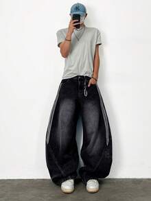 1件 Justice Brother 复古茧型男士牛仔裤，喇叭拼接宽松休闲阔腿裤 - 黑色 - 查看 3