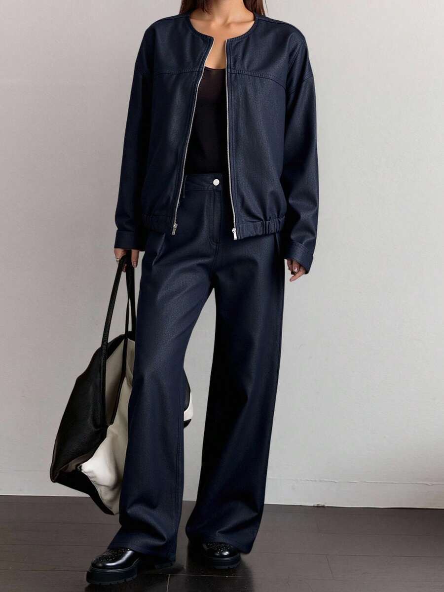 DAZY Bộ 2 món áo khoác nữ cổ tròn cạp chun và quần ống rộng dáng rộng, thường ngày - Màu xanh lam - Xem 1