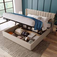 Storage Bed, Upholstered Bed, Hydraulic Double Bed 140x200cm, Wooden Slatted Base, Bed With Metal Slatted Base, Linen, Beige - Beige - View 8