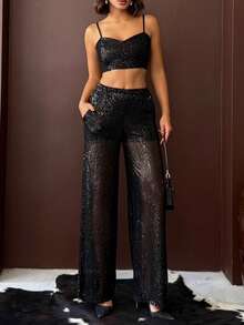 Women's 2 Pieces Sequin Party Set – Sparkly Spaghetti Strap Crop Top & High-Waisted Wide-Leg Sheer Sequin Pants - Black - View 1