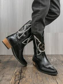 Western Style Cowboy Boots, Wedge Heel, Embroidered, Retro British Style, Couple Boots, Riding Boots, Black Boots
