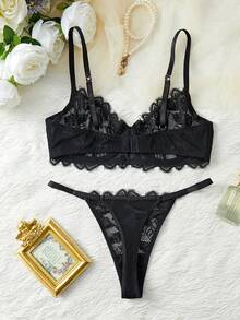 Style Dream 女士两件套黑色性感内衣套装，蕾丝花卉文胸搭配低腰薄纱内裤，舒适贴身，适合情人节、圣诞节、情侣约会等场合，也是一份贴心的礼物。 - 黑色 - 查看 3