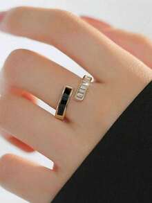 1 chiếc nhẫn hở thời trang mạ vàng hình chữ T có thể điều chỉnh được bằng đá Zirconia dành cho nữ, đeo hàng ngày - màu đen - Xem 4