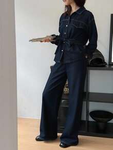 DAZY 秋冬新款宽松休闲做旧水洗收腰女式牛仔套装 - 藍色 - 查看 3