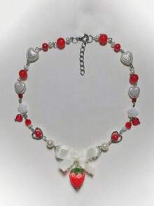 1 件清新甜美 Y2k 草莓吊坠项链串珠颈链仿珍珠锁骨链 - 紅色 - 查看 4