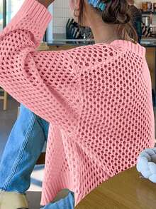 Cárdigan de mujer de punto hueco con botones, diseño de cuello redondo, manga larga y hombros caídos, ligero y transpirable, suelto y casual, adecuado para primavera, verano y otoño - Rosa - Ver 4