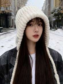 1件装 保暖秋冬新款扭结针织羊毛帽套头帽 女士秋冬保暖护耳飞行帽 滑雪雷风帽 男士编织羊毛针织帽 女士纯色百搭大头羊毛帽