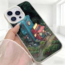 Cubierta de telefono para iPhone con diseño de casa encantada en bosque azul y rojo estampado con texto 80000 para uso diario en cafeterias y viajes - Blanco - Ver 5