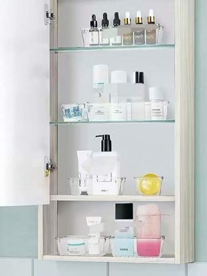 1个托盘。透明波点化妆品收纳套装，4个不同尺寸的托盘，多用途，可收纳化妆品、文具、工具，适用于浴室、梳妆台、办公室抽屉。