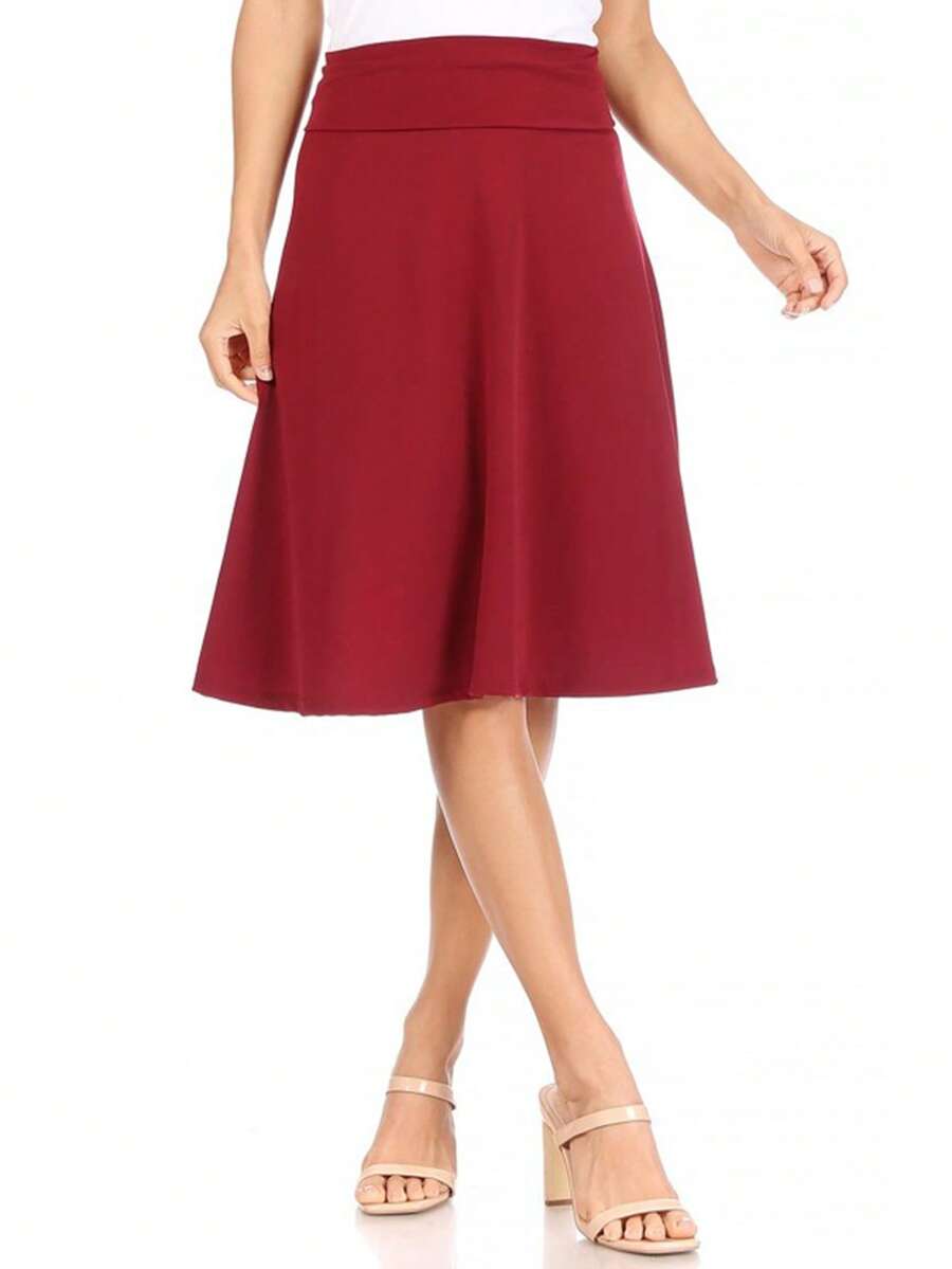 Elegant Casual Midi Skirt With Foldable Waist And Stretch Fabric Comfortable Everyday Fit - 酒紅色 - 查看 1