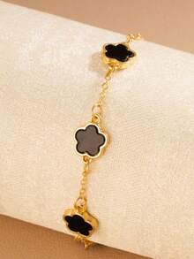 1 件时尚简约五瓣花设计经典女士手链，适合日常佩戴，送给朋友的最佳礼物 - 黑色 - 查看 3