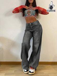 سراويل جينز نسائية عتيقة كاجوال ذات خصر مطاطي فضفاضة وساق مستقيمة - رمادي غامق - مشاهدة 1