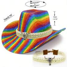 Gorra vaquera estilo western, elegante, a rayas, con toro decorativo y cinturón de ala ancha. Sombrero unisex para actividades al aire libre. - Rojo sandía - Ver 7