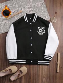Es Trus Plus Autumn And Winter Women's Fun And Simple "Letter" Personalized Pattern Printed Street Fashion Jacket, Korean Hip-Hop Comfortable Retro Fashion Commuting Versatile Outdoor Clothing Long Sleeve Baseball Jacket, Regular Niche Punk Style Loose Fitting Plus Size Black And White Baseball Jacket - Black and White - View 7
