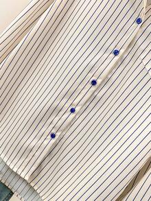 YUXIN 女士春秋季趣味卡通兔子印花蓝色条纹衬衫，宽松休闲办公百搭修身长袖上衣 - 杏色 - 查看 11