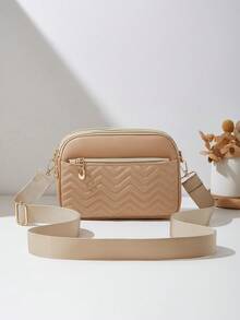 EMERY ROSE 1pc Women's Casual Commuter Crossbody Bag, 4 Zipper Design, Solid Color Personalized Fashion Wavy Pattern, Soft Texture Handheld/Shoulder, Large Capacity, Suitable For Travel, Shopping, Commuting - Khaki - View 4