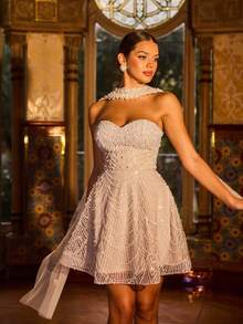 Luxury Strapless Mini Dress With Beaded Sequins And Tulle Sashes For Red-Carpet Events, Wedding Receptions, And Evening Galas. - Apricot - View 9