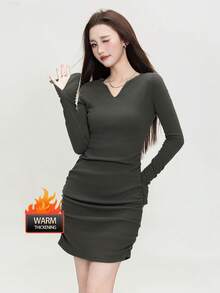 JUTU Double-Sided Velvet Elegant V-Neck Women's New Year Dress 2025, Fitted Slim Long Sleeve Skirt For Winter - 246 Earth Gray - View 2