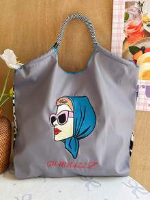 1个新款多功能刺绣可爱图案尼龙可折叠大容量手提包，配有可调节肩带，适合通勤、聚会、女士单肩手提包 - 彩色 - 查看 2