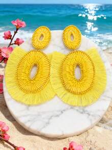 1 par de pendientes de mujer con borlas de forma elíptica de cuentas de vidrio hechas a mano