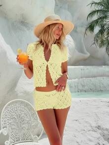 Bộ đồ đi nghỉ hè cho nữ, áo khoác ngắn tay dệt kim ren móc khoét lỗ gợi cảm + quần short 2 mảnh - Bộ đồ đi nghỉ 2 mảnh cho nữ, áo khoác ren móc kiểu dáng ôm sát gợi cảm dành cho nữ, phong cách ôm sát quyến rũ - Vàng nhạt - Xem 7