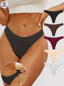 FINETOO 5pcs/Pack Women's Solid V-Shaped Waist Comfortable Casual Minimalist Basic Sexy Thong - Multicolor - View 1