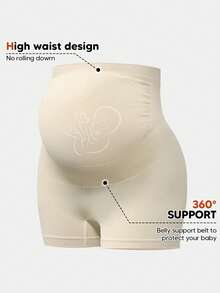 Maternity High Waist Belly Support Shorts, With Expandable Abdominal Support Panel, Suitable For Prenatal Yoga - Beige - View 2