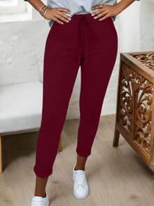 CURVE+ 大码女式柔软弹力紧身裤，带口袋，适合通勤和圣诞节穿着，可作打底裤，情人节春季必备 - 酒紅色 - 查看 3