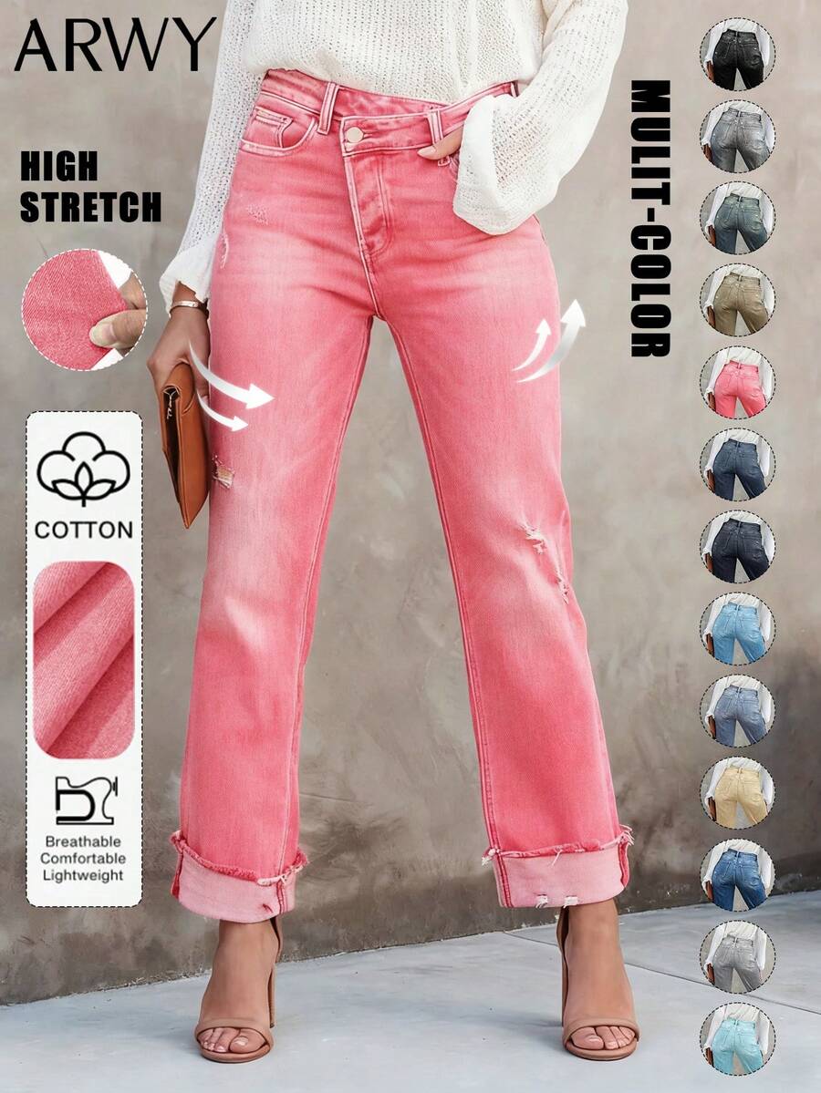 Elegant Women's Straight-Leg Jeans With Button, Zipper, Pockets And Distressed Details, Suitable For Party Or Casual Everyday Wear Pink - Pink - View 1