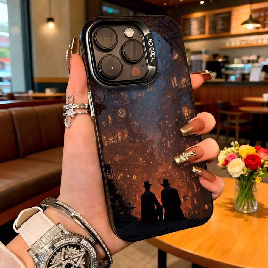 Cubierta de teléfono con diseño de fantasía negra con siluetas de hombres en sombreros y edificios antiguos iluminados para uso diario en cafeterías - Blanco - Ver 1
