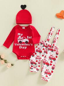 Conjunto de bebé para San Valentín: mono de manga larga con estampado de letras, pantalones con tirantes y gorro con estampado de corazones. - Rojo - Ver 6