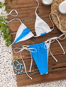Women's Elegant Sexy Mini Bikini, Light Blue Contrast Color Solid Color Swimsuit, Suitable For Women's Vacation, Beach Wear, Also Suitable For Dates, Suitable For Autumn/Winter 2026 Spring/Summer - Multicolor - View 4