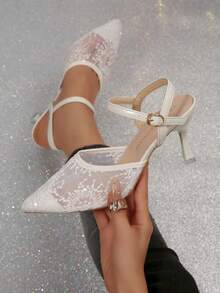 新款加大码女式舒适简约尖头网布镂空细高跟凉鞋，休闲时尚户外沙滩夏季鞋 - 白色 - 查看 1